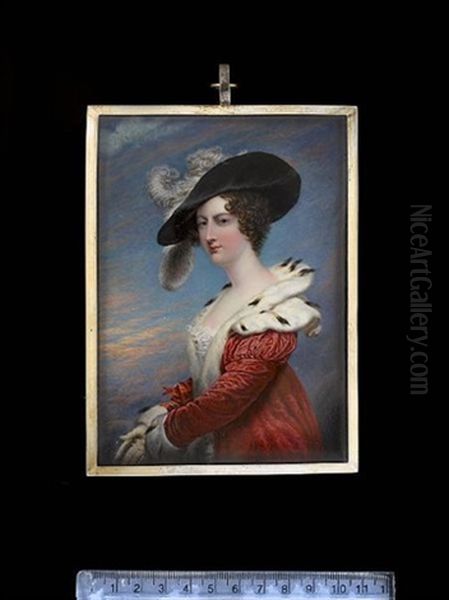 Lady Georgiana Agar Ellis, Later Baroness Dover, Wearing Red Velvet Pelisse Lined With Ermine Over White Lace Gown Oil Painting by Joseph Lee