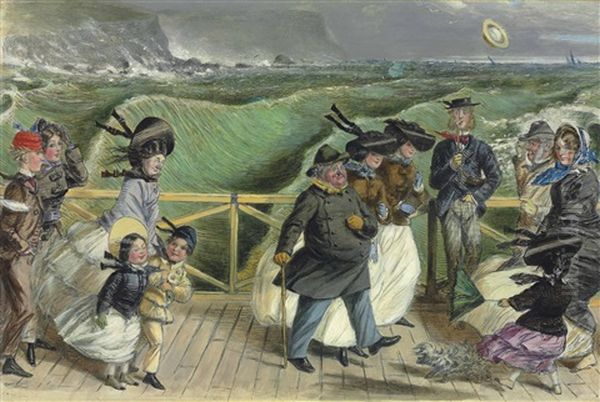 A Nice Bracing Day At The Sea-side Oil Painting by John Leech