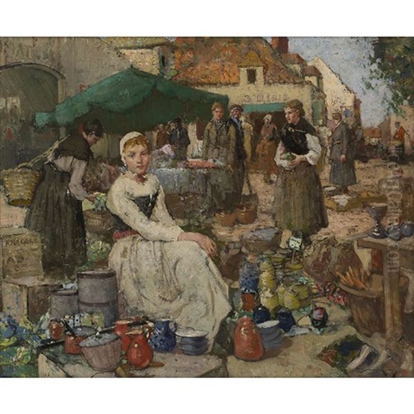 Street Market In Picardy Oil Painting by William Lee-Hankey