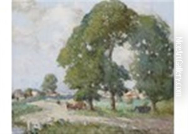 A Summer Rural Scene With Harvesters Near A Village Oil Painting by William Lee-Hankey