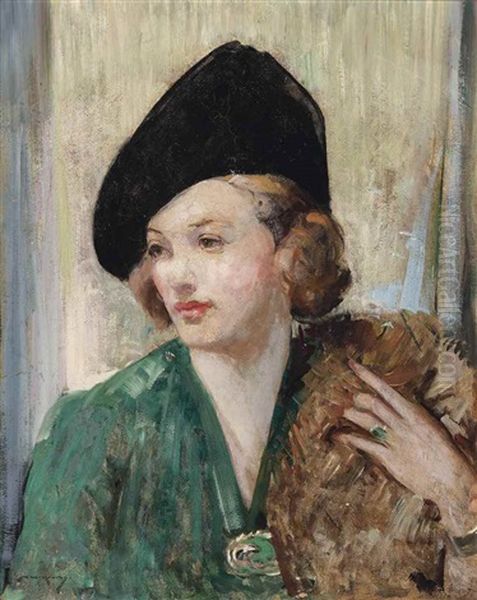 Portrait Of A Woman In A Green Dress With A Fur Stole And Black Hat Oil Painting by William Lee-Hankey