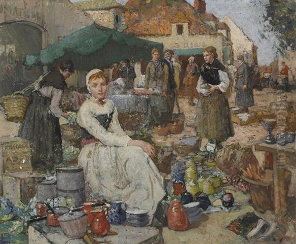 A Street Market In Picardy Oil Painting by William Lee-Hankey