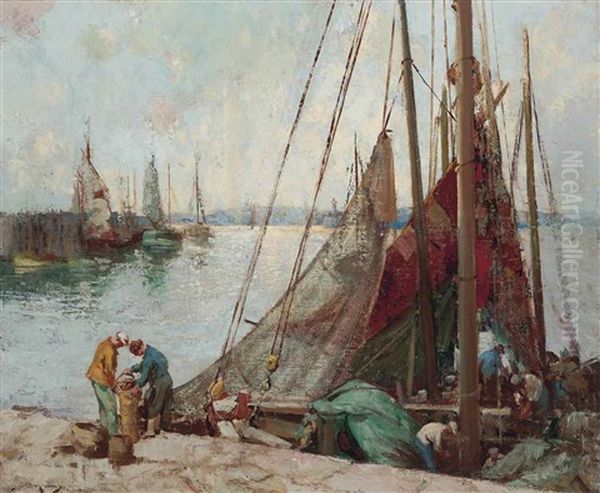 Unloading The Catch Oil Painting by William Lee-Hankey