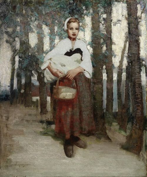 A Girl With A Basket On A Woodland Path Oil Painting by William Lee-Hankey