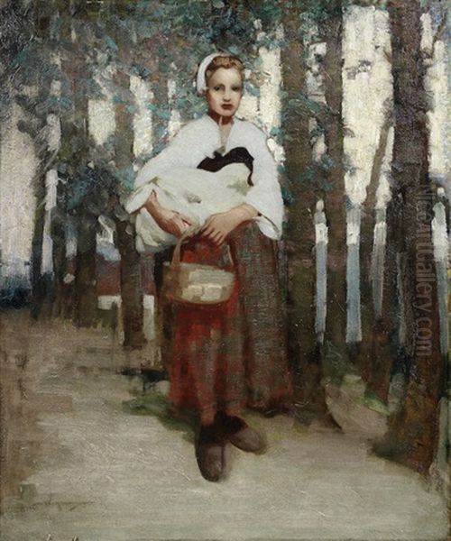 A Girl With A Basket On A Woodland Path Oil Painting by William Lee-Hankey