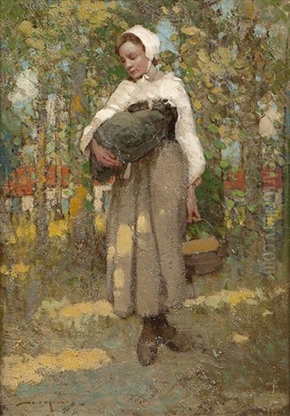 Country Girl With Farm Buildings Oil Painting by William Lee-Hankey