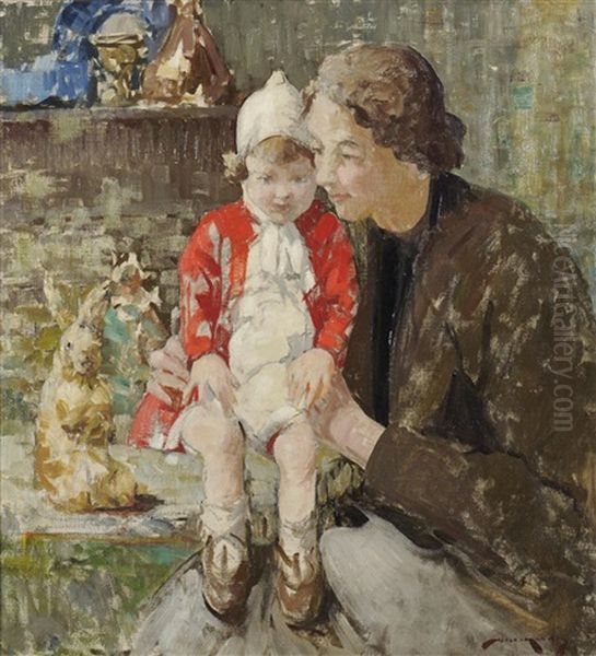 Mother And Child In An Interior, A Toy Rabbit Nearby Oil Painting by William Lee-Hankey