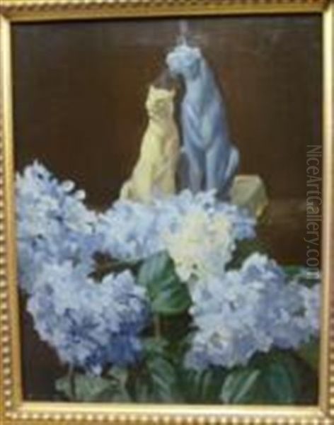 Still Life Of Delphiniums And Pottery Cats Oil Painting by William Lee-Hankey