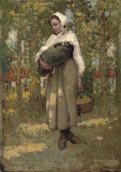 A Country Girl With Farm Buildings Beyond Oil Painting by William Lee-Hankey