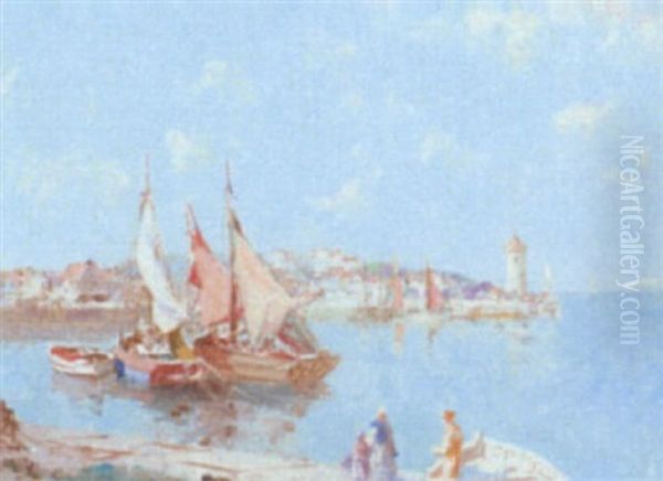 Woman And Child By The Harbour, St. Tropez Oil Painting by William Lee-Hankey