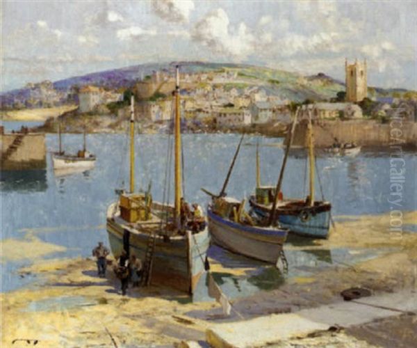 Boats In A Harbour, Cornwall Oil Painting by William Lee-Hankey