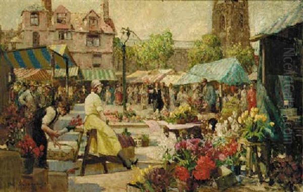 The Flower Market, Norwich Oil Painting by William Lee-Hankey