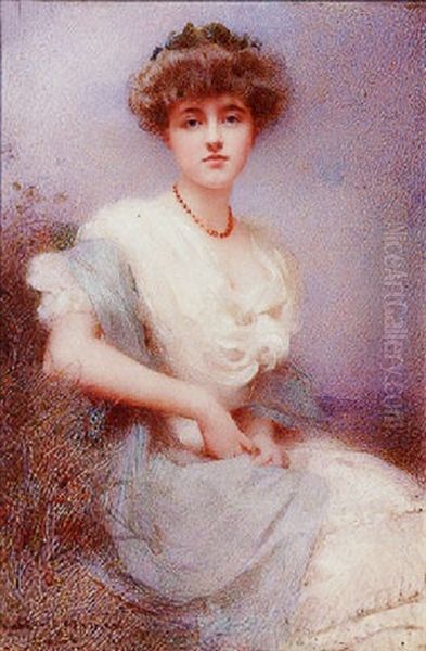 Portrait Of A Young Lady, Seated On A Grassy Knoll, Wearing Voluminous White Dress Oil Painting by William Lee-Hankey