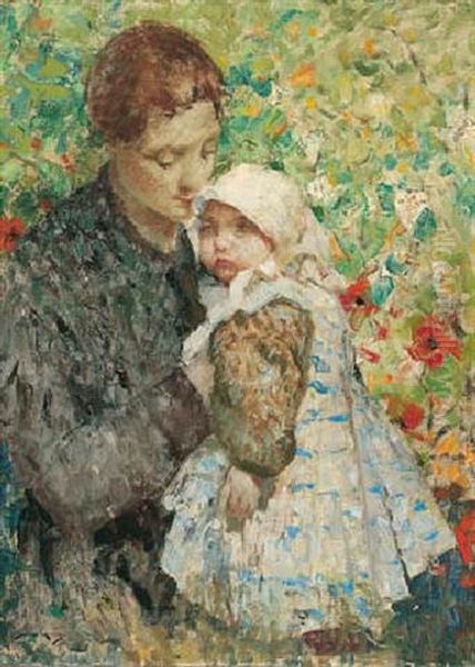 Mother And Son With Nasturtiums Oil Painting by William Lee-Hankey