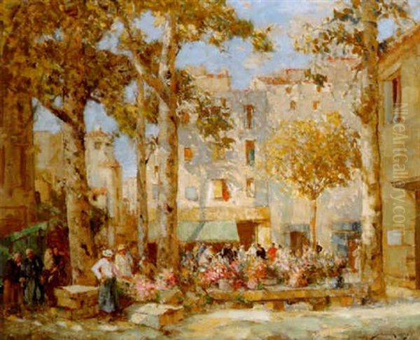 Menton Flower Market Oil Painting by William Lee-Hankey