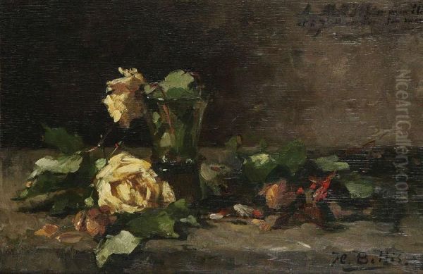 Stilleven Met Gele Rozen In En Naast Een Glas. Oil Painting by Hubert Bellis