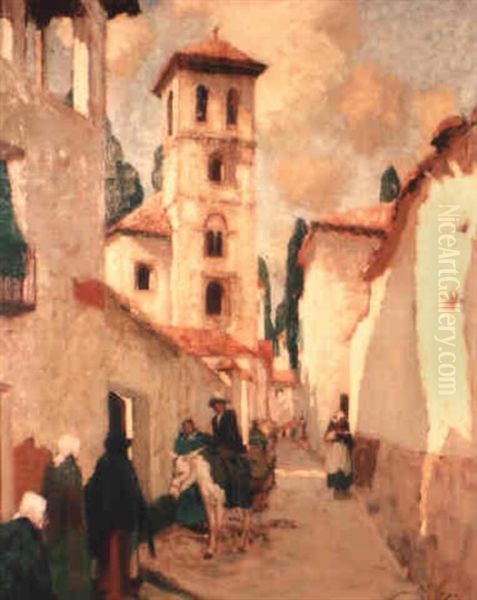 Mediterranean Back Street Scene With Figures And Donkey Oil Painting by William Lee-Hankey