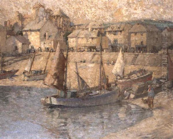 Beached Fishing Boats In A French Harbour Oil Painting by William Lee-Hankey