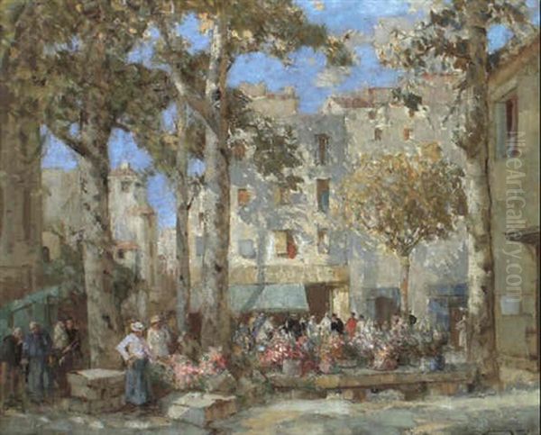 Menton Flower Market Oil Painting by William Lee-Hankey