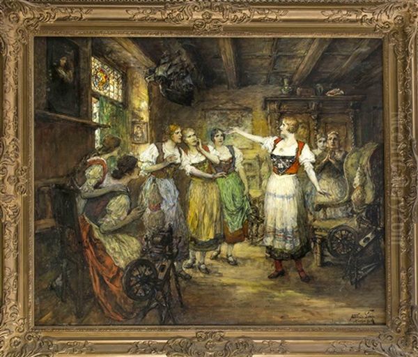 Interieur Mit Jungen Magden Beim Spinnen Oil Painting by Ferdinand Leeke