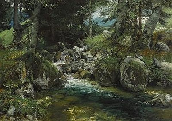 Waldbach Oil Painting by Ferdinand Leeke