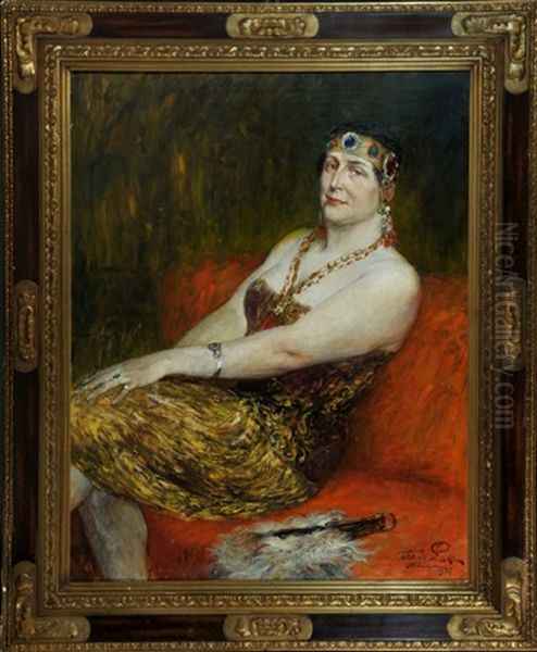 Salondame Auf Rotem Sofa Oil Painting by Ferdinand Leeke