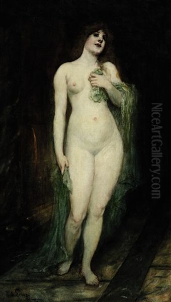 Weiblicher Akt Mit Grunem Tuch Oil Painting by Ferdinand Leeke