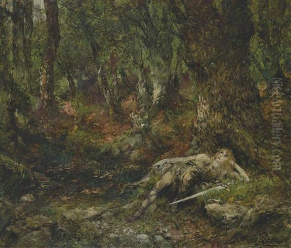 Der Junge Siegfried Im Wald An Einer Quelle Oil Painting by Ferdinand Leeke