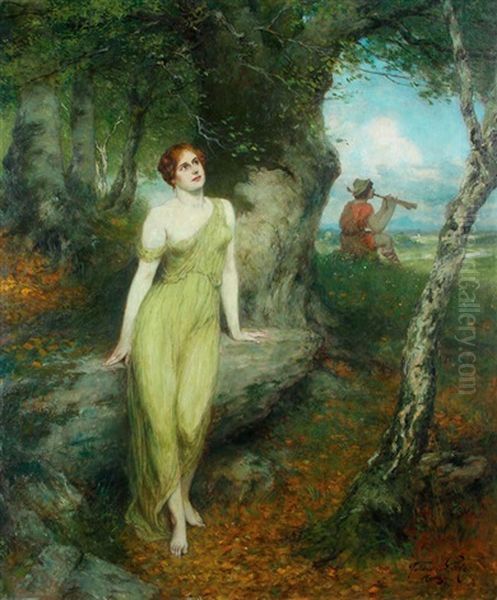 A Woodland Beauty And Shepherd Oil Painting by Ferdinand Leeke