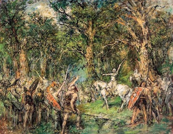 Hermann Der Cheruskerfurst Versammelt Seine Truppen Im Wald Wahrend Der Varusschlacht Oil Painting by Ferdinand Leeke