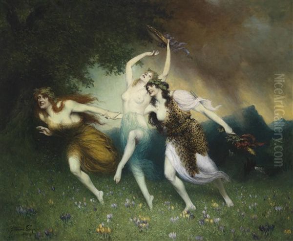 Fliehende Nymphen Oil Painting by Ferdinand Leeke