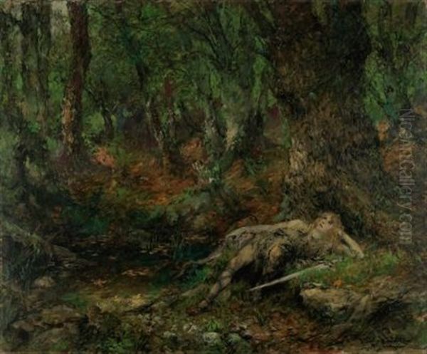 Der Junge Siegfried Im Wald An Einer Quelle Oil Painting by Ferdinand Leeke