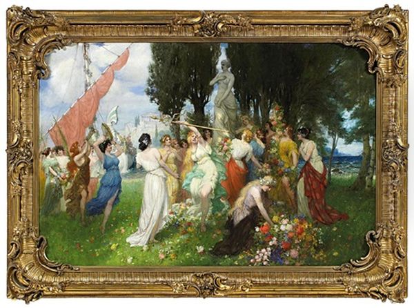 Fruhlingsfest Der Flora Vor Der Akropolis Oil Painting by Ferdinand Leeke