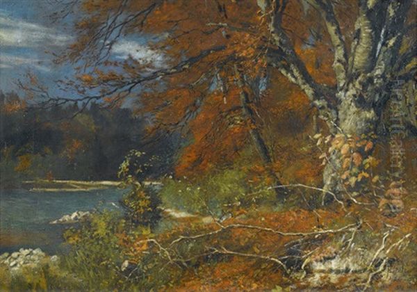 Herbstliche Flussuferpartie Oil Painting by Ferdinand Leeke