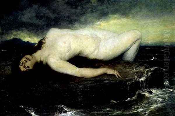 Frauenakt Auf Einem Felsen Im Meer Liegend, Von Tosendem Wasser Umgehen Oil Painting by Ferdinand Leeke