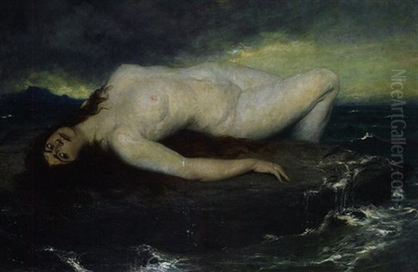 Frauenakt Auf Einem Felsen Im Meer Liegend, Von Tosendem Wasser Umgeben Oil Painting by Ferdinand Leeke