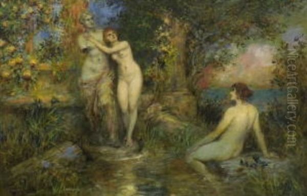 Zwei Nymphen Bei Einer Statue In Parklandschaft Oil Painting by Ferdinand Leeke