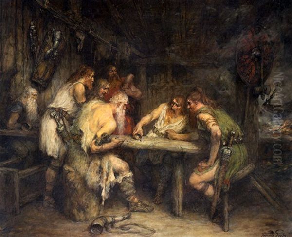 Germanen Beim Wurfelspiel Oil Painting by Ferdinand Leeke