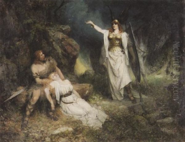 Die Wallkure. Siegmund Mit Ohnmachtiger Sieglinde In Seinen Armen. Im Hintergrund Brunnhilde, Seinen Nahen Tod Verkundend Oil Painting by Ferdinand Leeke