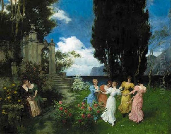 Girls Dancing In A Garden On The Italian Coast Oil Painting by Ferdinand Leeke