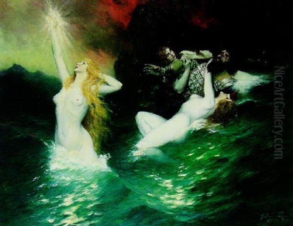 Rhinemaidens Regaining The Ring From Hagen Oil Painting by Ferdinand Leeke