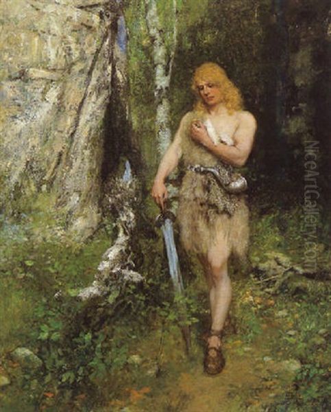 Siegfried Vor Fafners Hohle Mit Dem Schwert Notung Oil Painting by Ferdinand Leeke