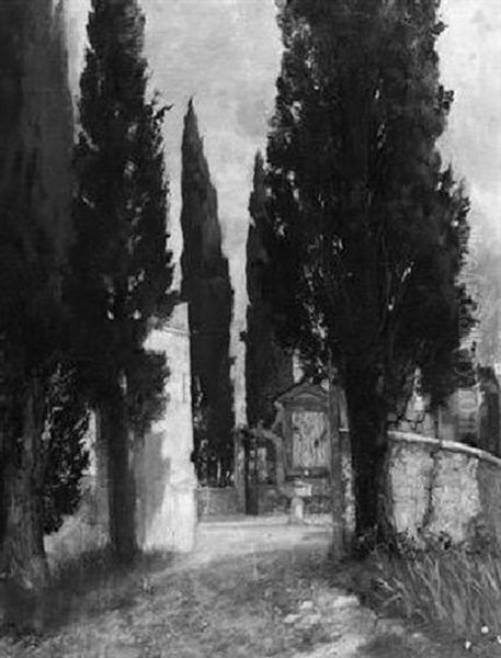 Suditalienischer Friedhof Mit Hohen Zypressen by Ferdinand Leeke