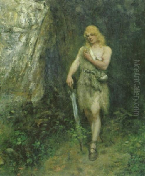 Siegfried Vor Fafners Hohle Mit Dem Ring Und Dem Schwert Notung Oil Painting by Ferdinand Leeke