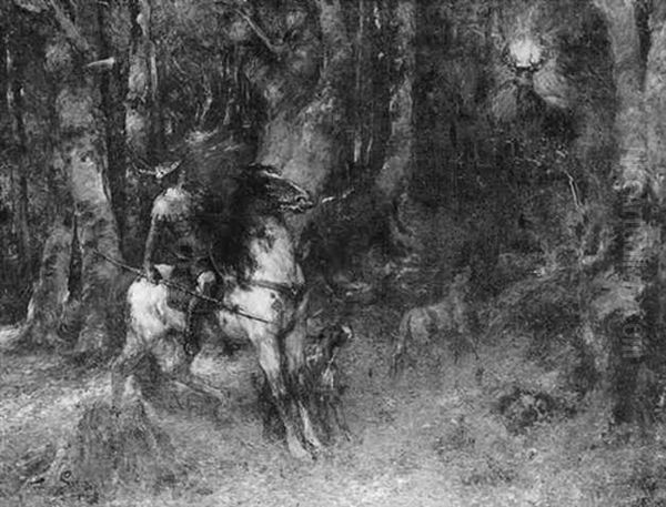 Heiliger Hubertus Auf Der Jagd Im Wald, Rechts Die Erscheinung Des Hirschen Oil Painting by Ferdinand Leeke