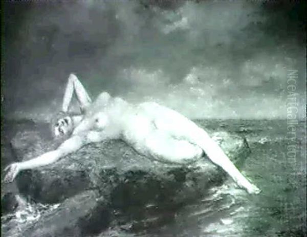 Nude On Rock Oil Painting by Ferdinand Leeke