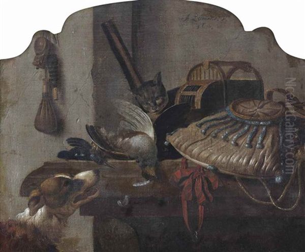 A 'desus-de-porte' Of A Hunting Still Life With A Dog, A Cat, A Partridge And A Kingfisher, All On A Wooden Table Oil Painting by Antonius Leemans