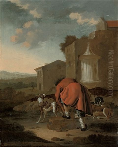 A Huntsman And His Dogs In A Landscape Oil Painting by Antonius Leemans