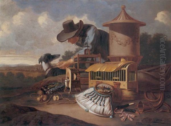 A Still Life Of Bird Cages, A Bird Trap, Hunting Horns, A Hunting Bag, A Boy And His Hound In A Landscape Oil Painting by Antonius Leemans