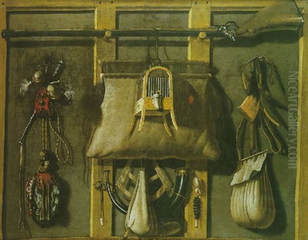 Nature Morte En Trompe-l'oeil Aux Objets De Fauconnerie Oil Painting by Antonius Leemans